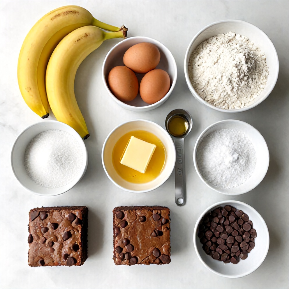 Ingredients for moist banana bread brownies with chocolate chips