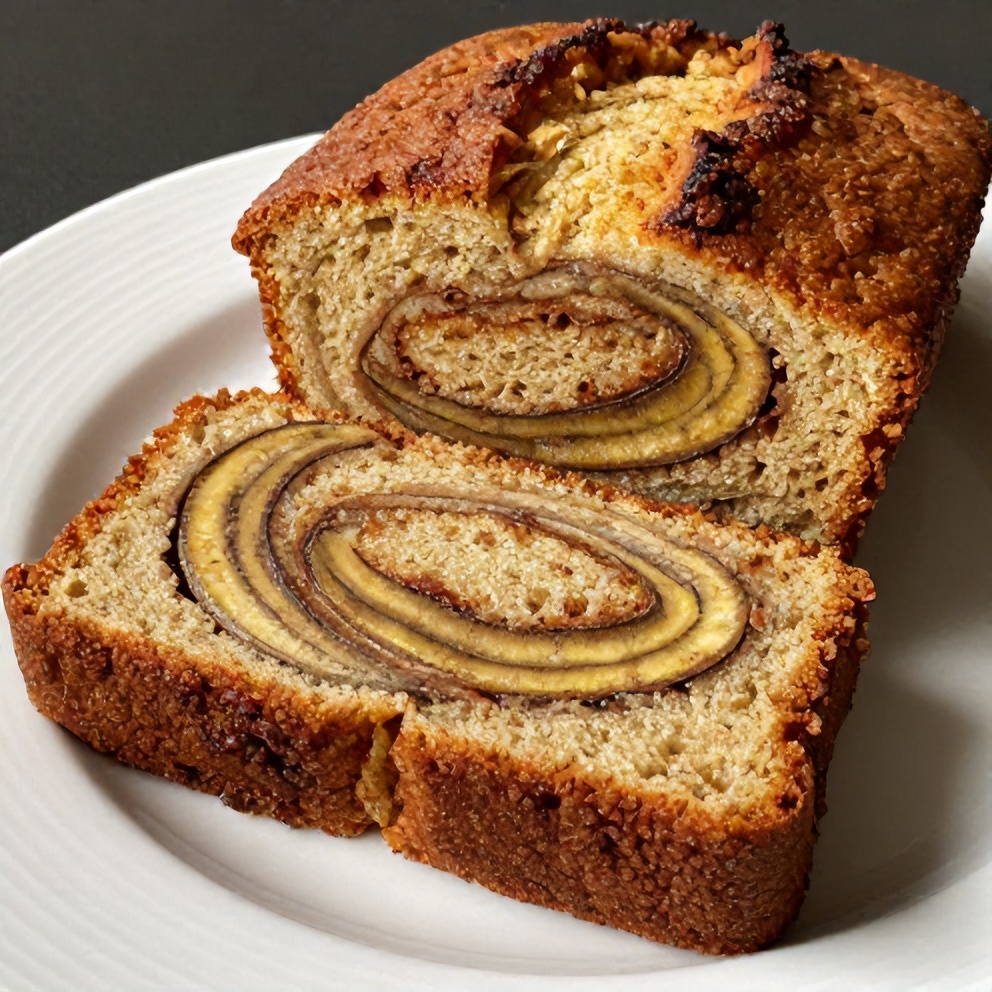 Sliced moist banana bread with cinnamon swirl