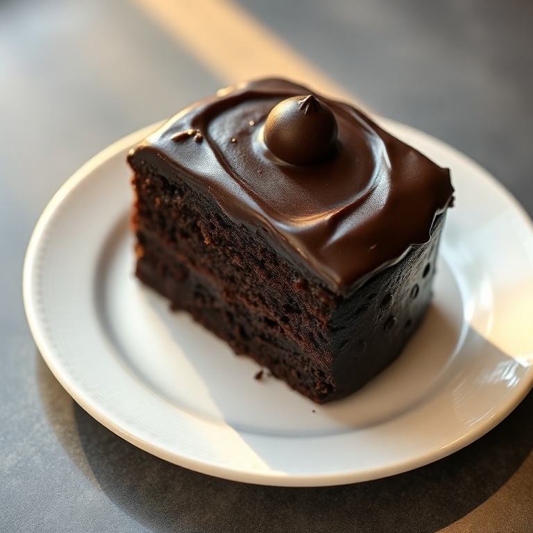 One perfect plated serving of moist black velvet cake. The cake is topped with a rich black cocoa frosting and a dark chocolate garnish. The plate is white with a slight texture. Warm side lighting highlights the texture of the cake.