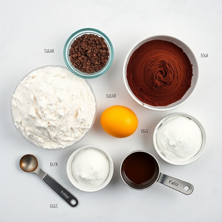 All raw ingredients for moist black velvet cake arranged in an overhead flat lay. The 5 most visually prominent ingredients are flour, cocoa powder, sugar, eggs, and butter. Measuring spoons and cups are visible. Bright even light fills the scene.
