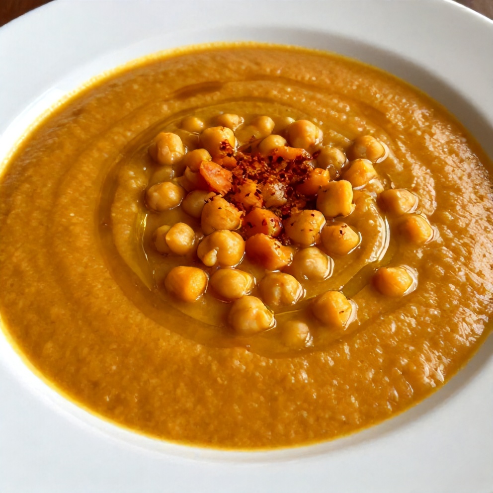 Close-up of a perfectly plated serving of Moroccan sweet potato and chickpea soup in a white bowl, garnished with a sprinkle of paprika and a drizzle of olive oil.