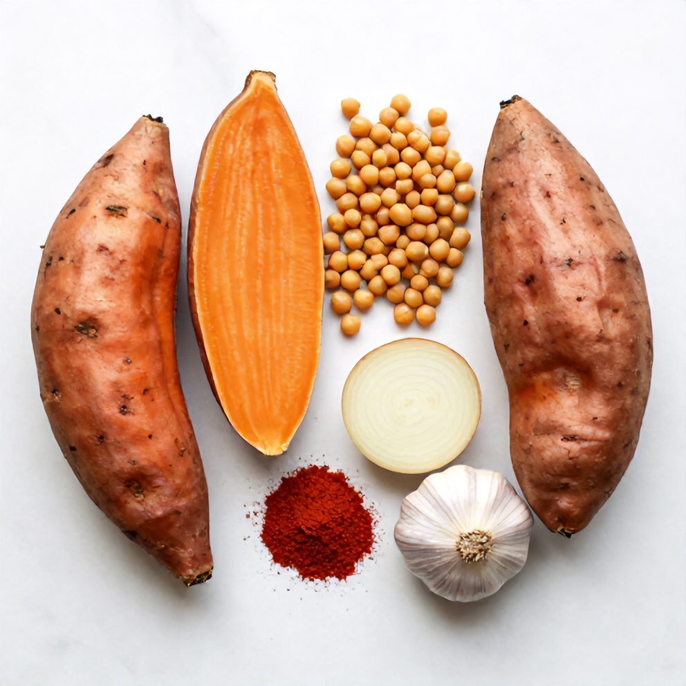 Overhead flat lay of raw ingredients for Moroccan sweet potato and chickpea soup: sweet potatoes, chickpeas, onions, garlic, and spices arranged on a white marble surface.