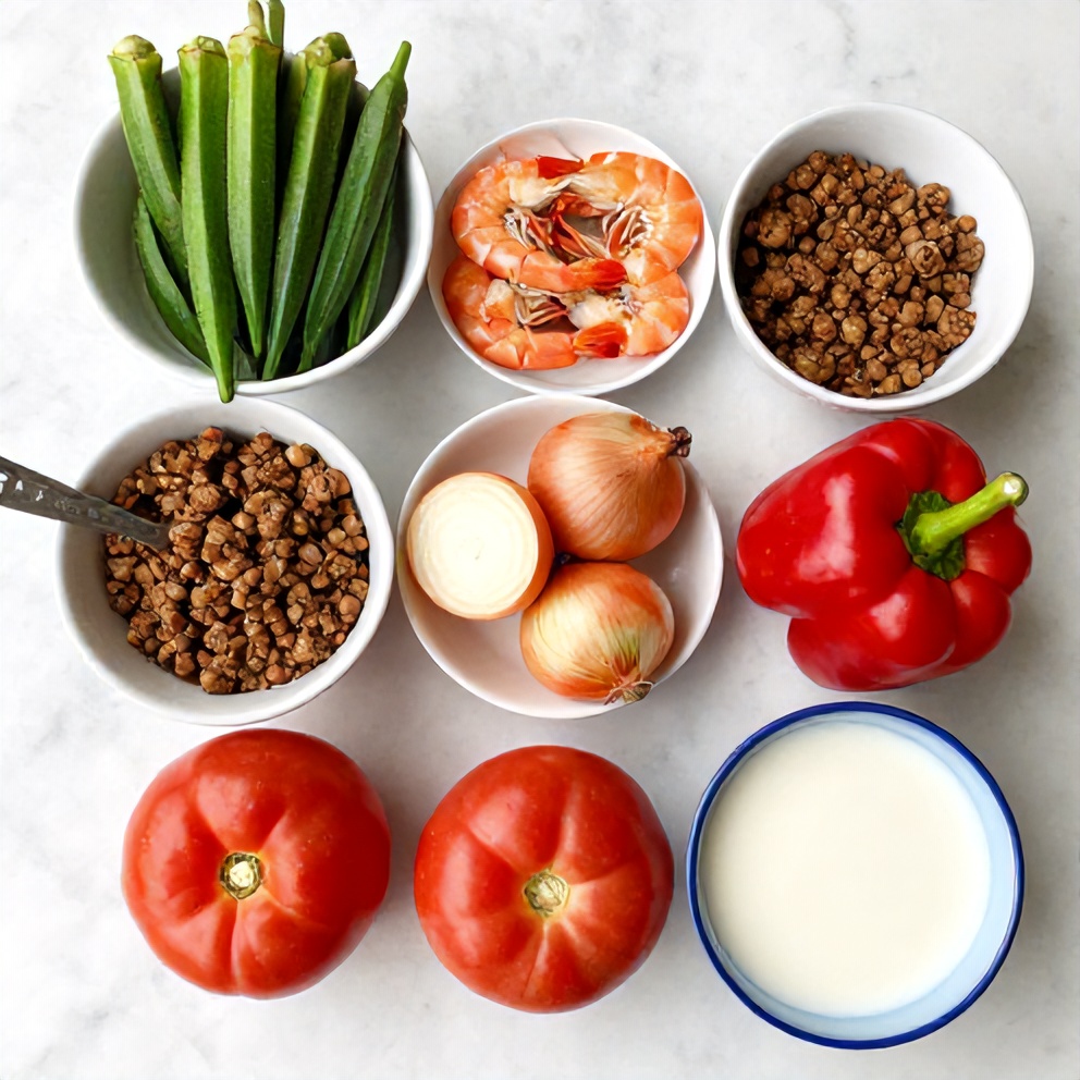 Raw ingredients for Nigerian Okra Soup