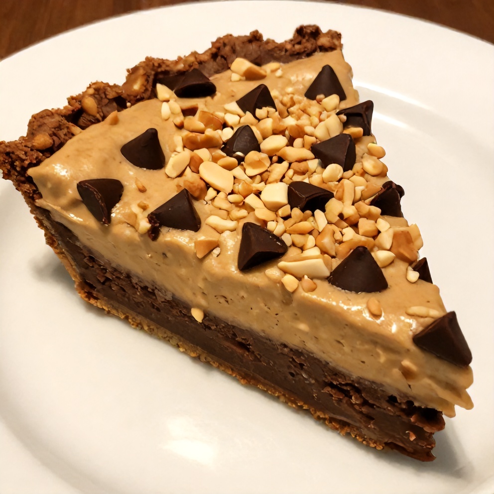 Slice of No-Bake Chocolate Peanut Butter Pie on a plate