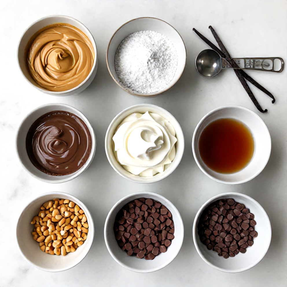 Ingredients for No-Bake Chocolate Peanut Butter Pie on a marble counter