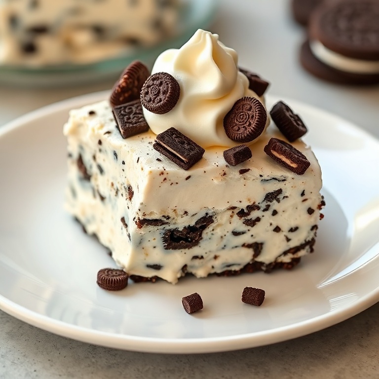 A slice of no bake oreo dessert salad on a white plate. Topped with oreo pieces and a dollop of whipped cream.