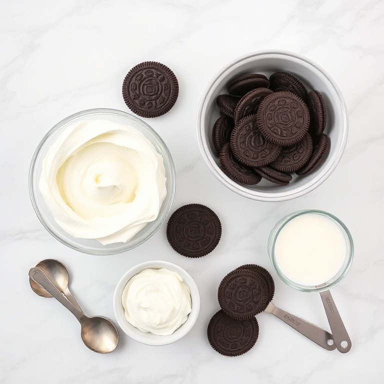Oreo cookies, whipped cream, chocolate pudding mix, and a bowl of milk arranged in a flat lay. Fresh and ready to mix.