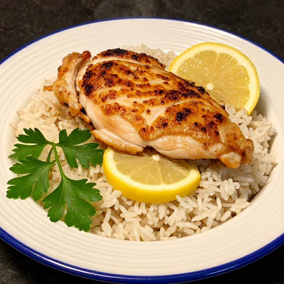 One-pan lemon chicken and rice dinner plated with lemon slices