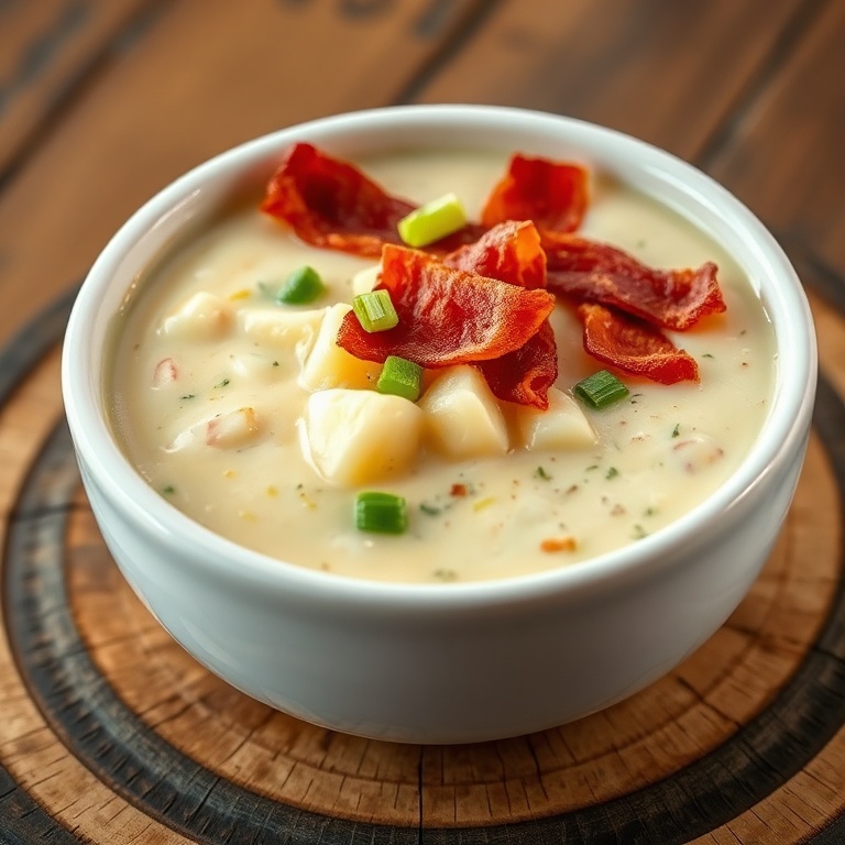 One hearty serving of creamy potato soup in a white ceramic bowl garnished with crumbled bacon and sliced green onions.