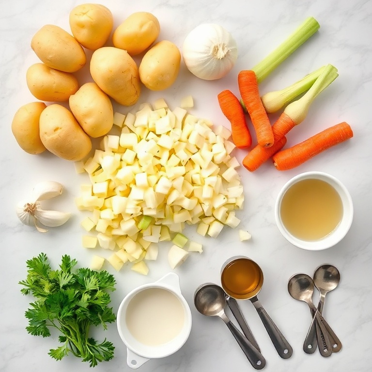 Overhead flat lay of raw potatoes, onions, garlic, celery, carrots. Bowls with butter, cream, stock, measuring cups, and spoons on white marble.