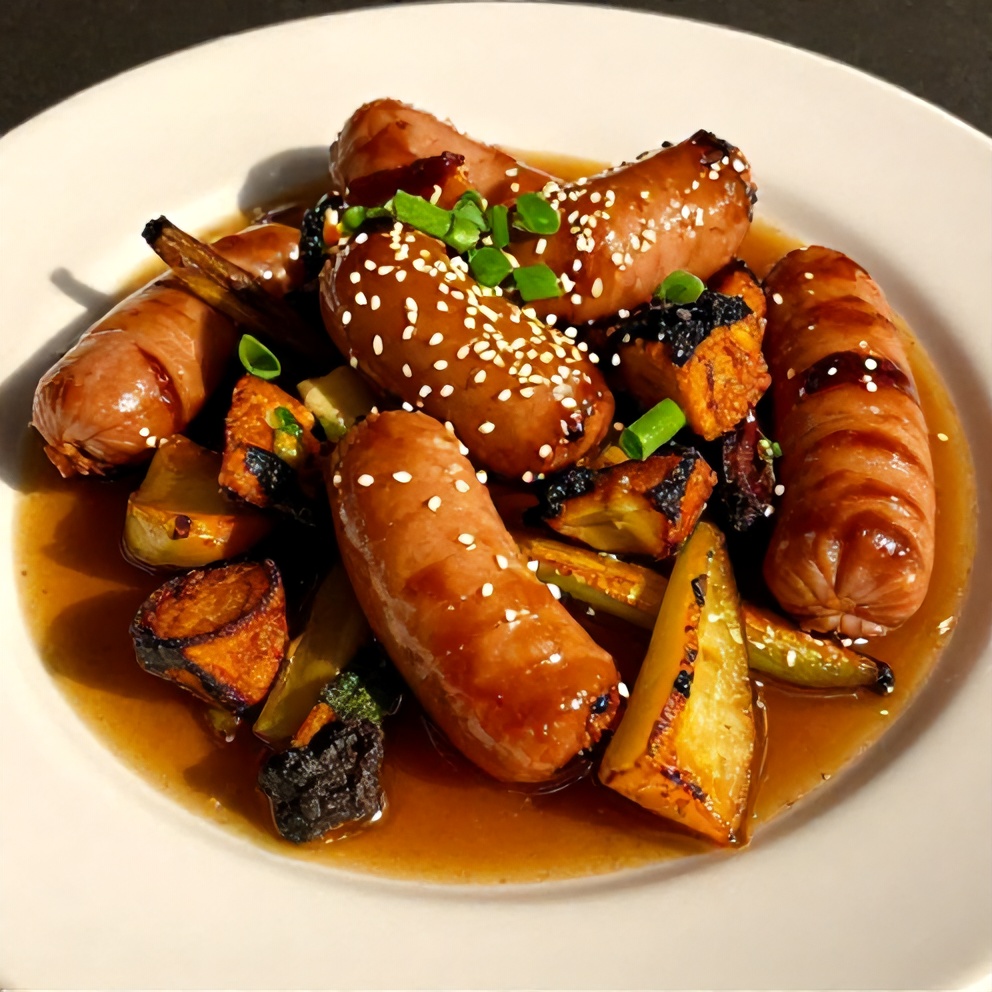 Plated Honey Garlic Kielbasa and Veggies Dinner