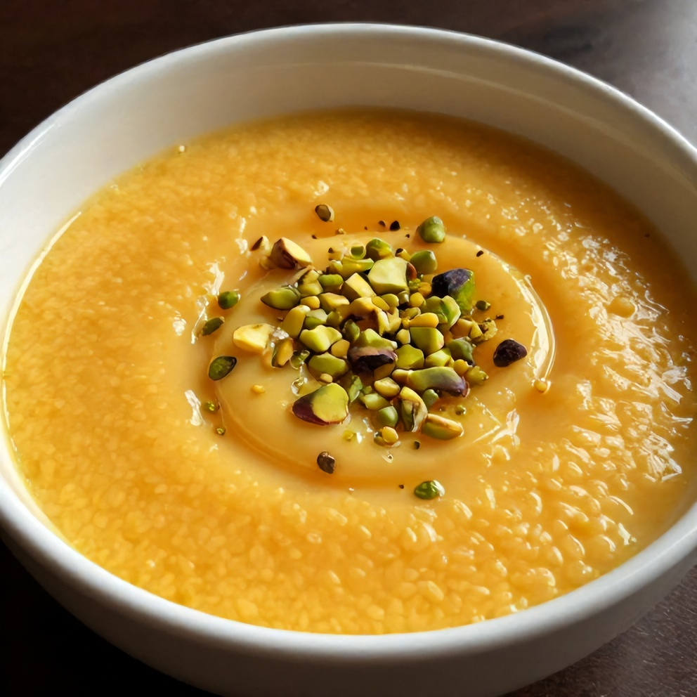 Plated orange blossom semolina pudding with pistachios