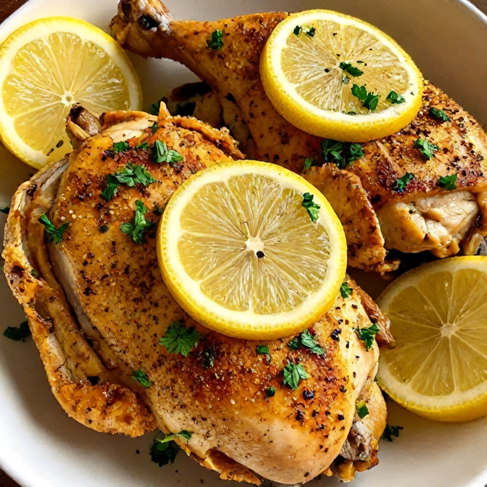 Plated serving of lemon pepper chicken with lemon slices