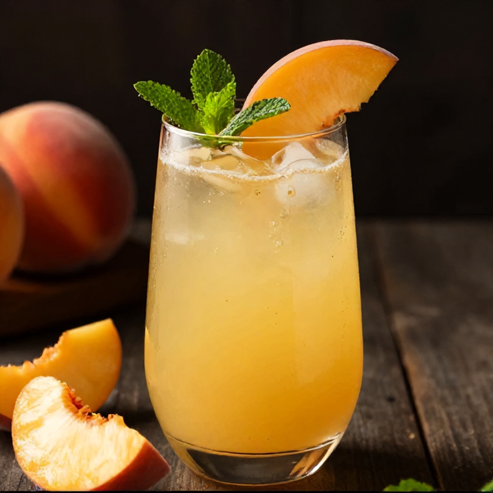 Glass of peach ginger lemonade with a slice of peach and a sprig of mint