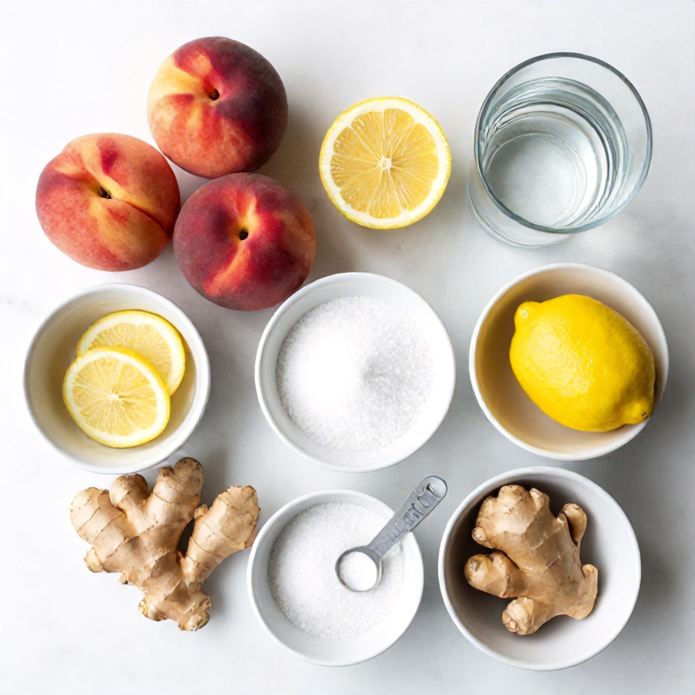 Raw ingredients for peach ginger lemonade arranged in a flat lay