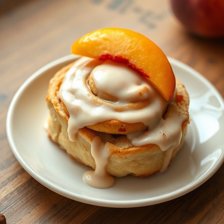 One perfect serving of peach pie cinnamon rolls with a creamy glaze and a slice of peach on top