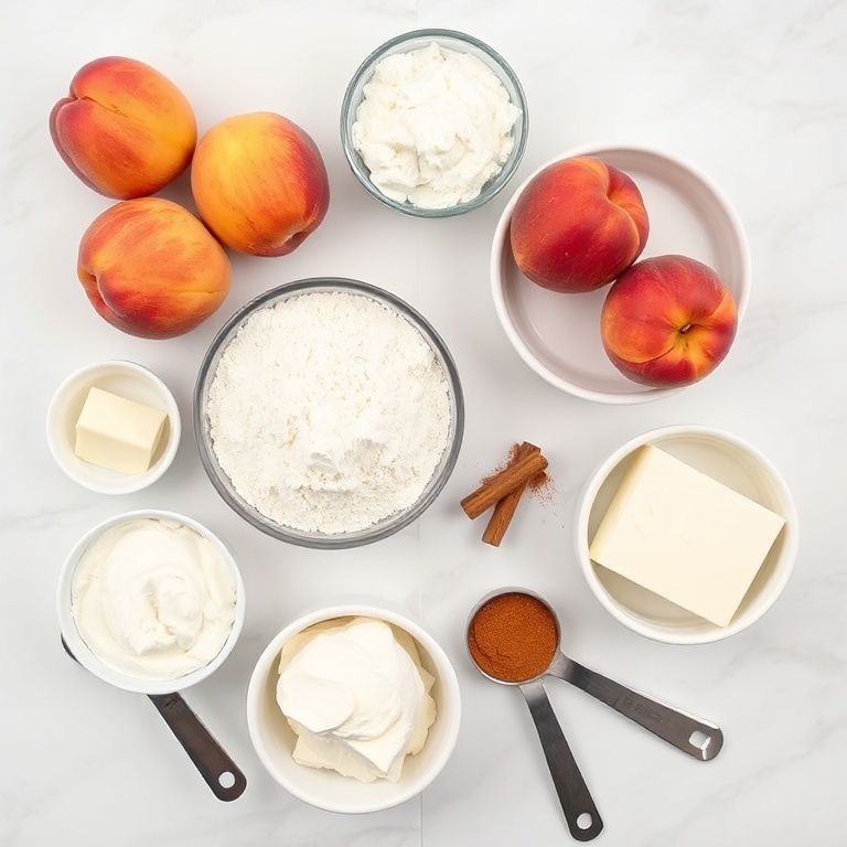 Fresh peaches, flour, cinnamon, cream cheese, and butter arranged in an overhead flat lay