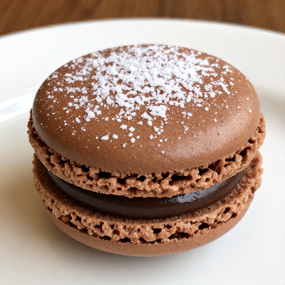 Perfect Chocolate Macarons on a white plate with a sprinkle of powdered sugar