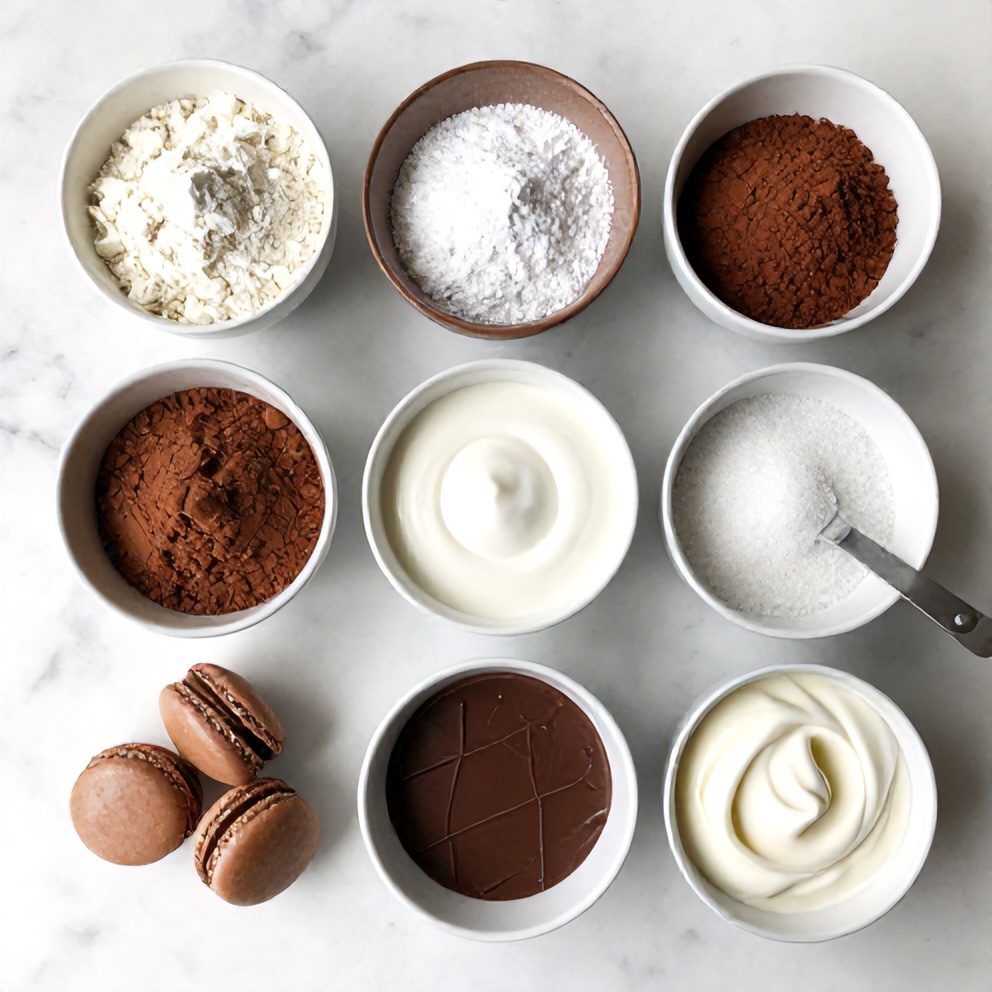 Raw ingredients for Chocolate Macarons arranged on a white marble surface