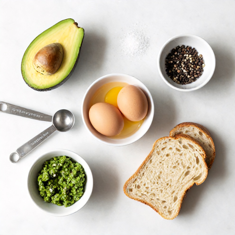 Avocado, Eggs, Pesto, Bread, Salt, Pepper
