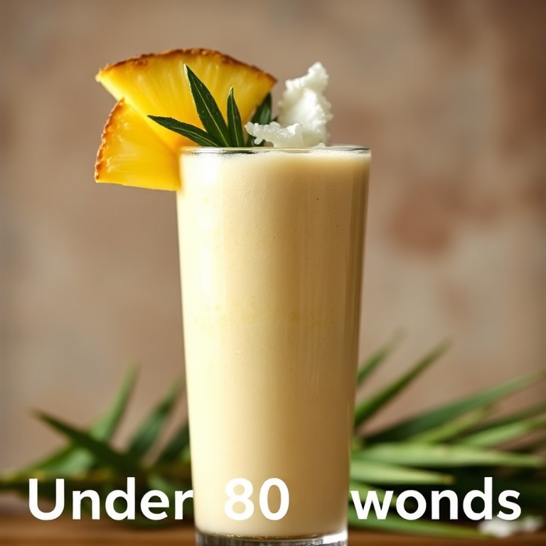A fresh pineapple coconut smoothie in a tall glass. Topped with a slice of pineapple and a coconut flake. Warm lighting highlights the creamy texture and vivid colors.