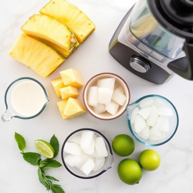 Raw ingredients for a pineapple coconut smoothie. Fresh pineapple, coconut milk, ice, and a splash of lime. Measuring cups and a blender nearby on a white marble surface.
