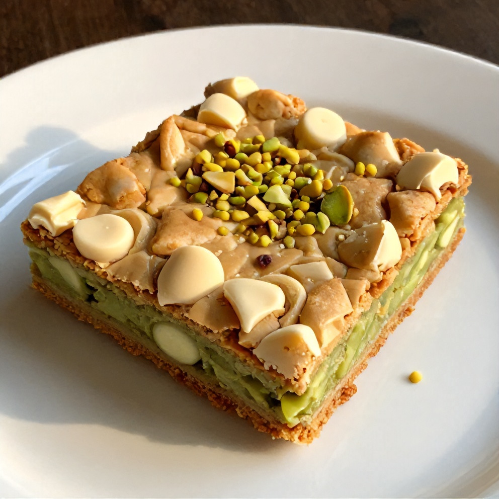 Plated Pistachio Blondies with White Chocolate Chips