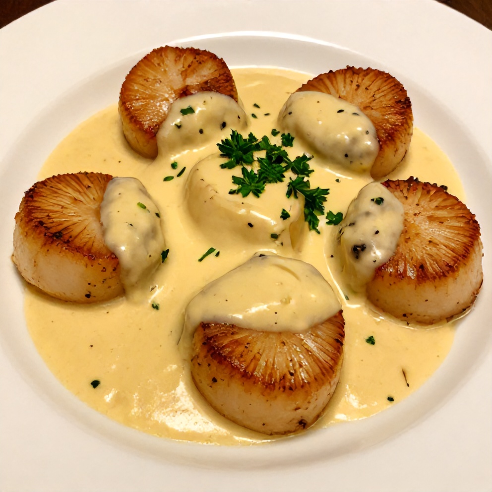 Plated Cajun Scallops with Creamy Mustard Sauce