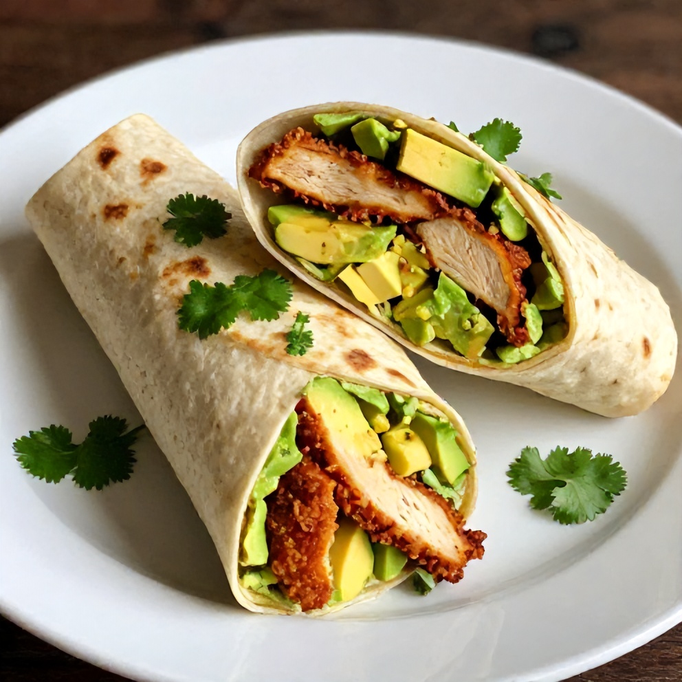 A plated serving of the chicken avocado wrap on a white plate