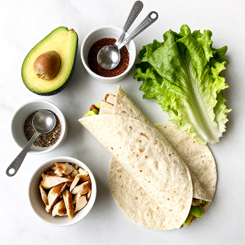 Avocado, chicken, lettuce, and other ingredients laid out on a white marble surface