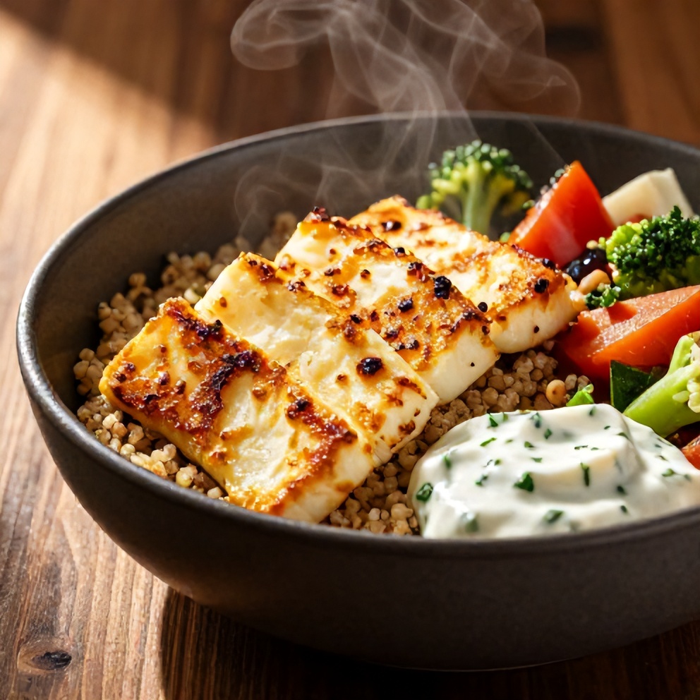 Quick Crispy Halloumi Greek Power Bowl