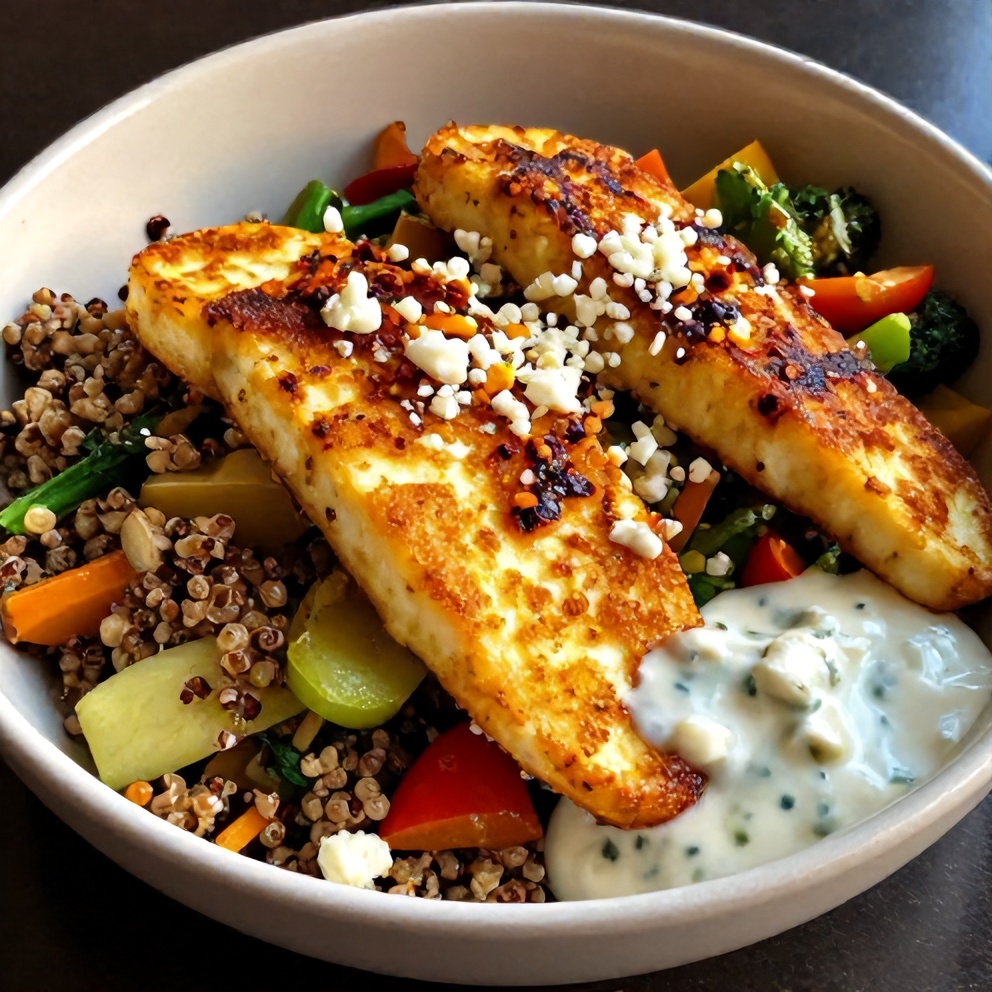 Plated Crispy Halloumi Greek Power Bowl
