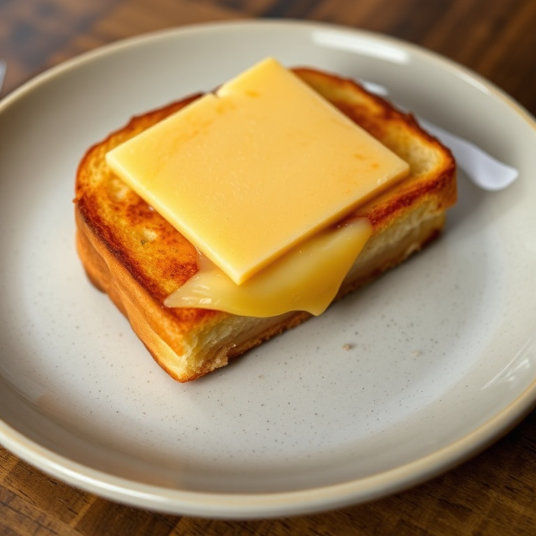 Perfectly plated garlic bread grilled cheese. Gouda cheese on top. Close crop showing golden crust and melty cheese. Plate with slight texture. Warm side lighting highlighting detail.