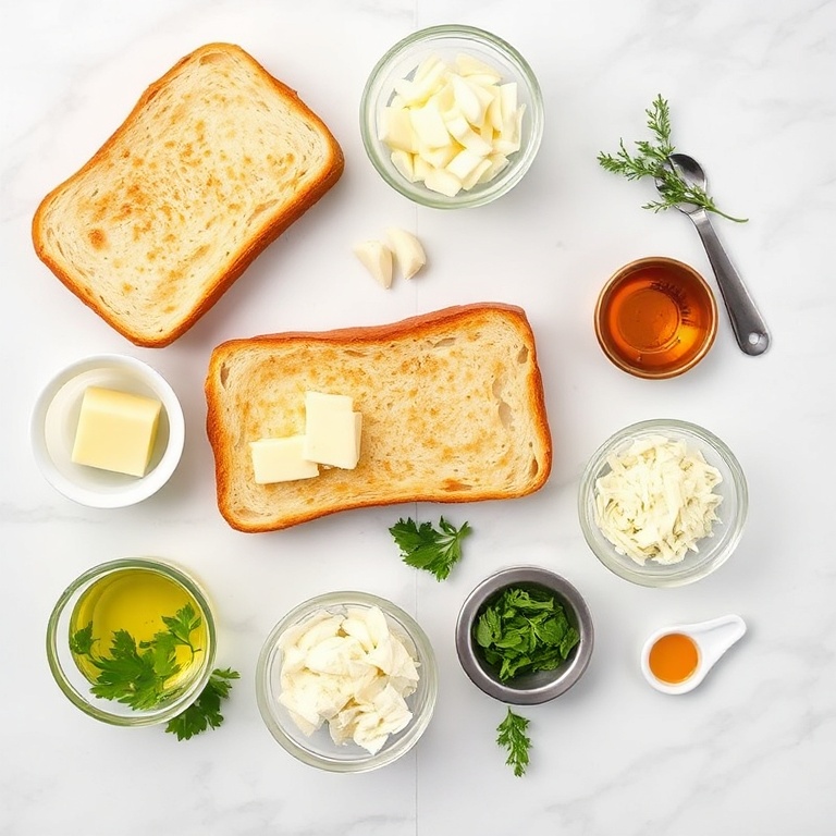 Garlic bread grilled cheese ingredients arranged in an overhead flat lay. Toasted bread, melted butter, garlic, cheese, and herbs. Small prep bowls, measuring spoons, and cups visible. White marble surface. Bright even light.