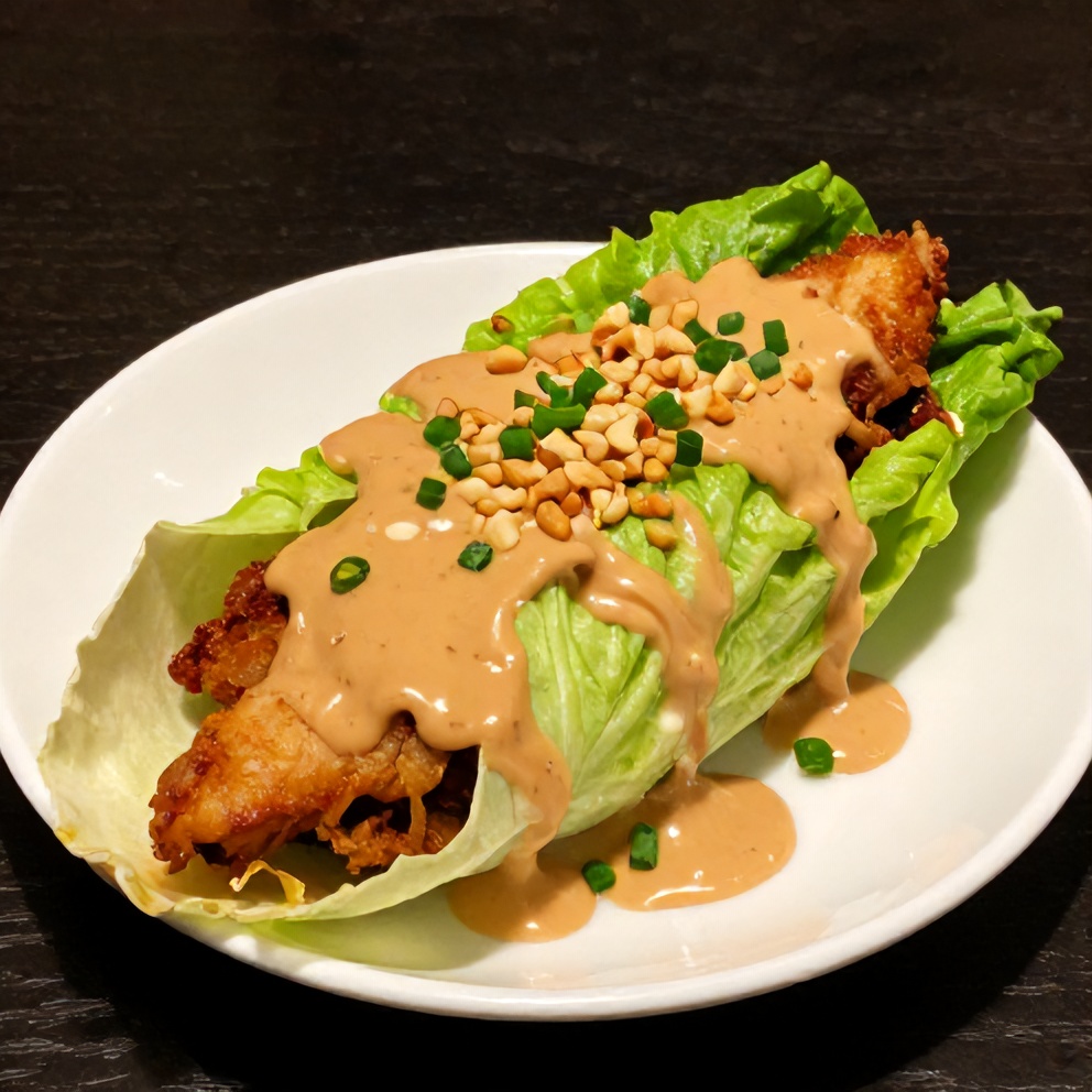 Plated chicken lettuce wraps with peanut sauce