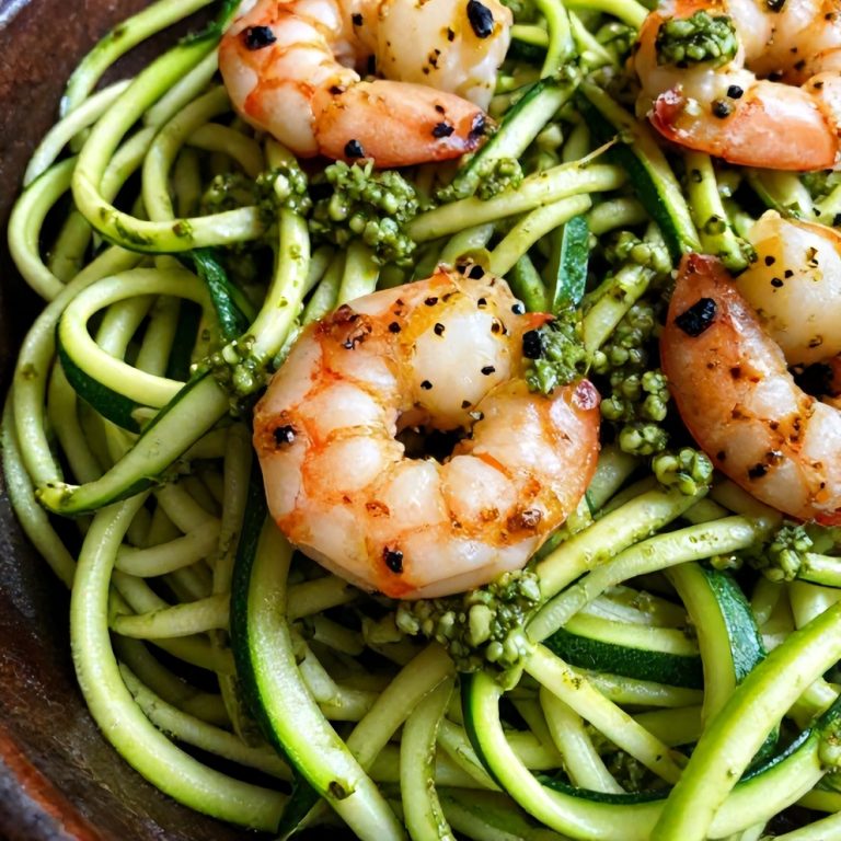 Quick Zucchini Noodles with Pesto and Grilled Shrimp