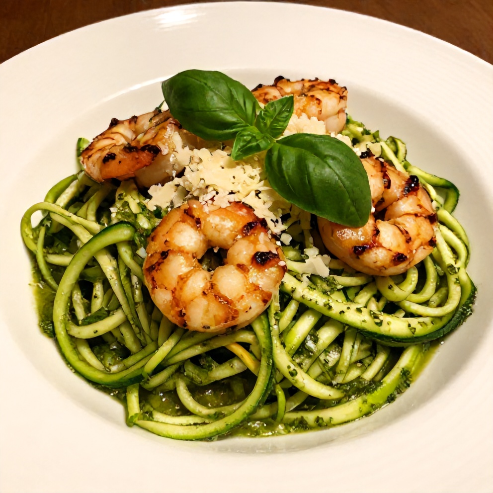 Plated zucchini noodles with pesto and grilled shrimp