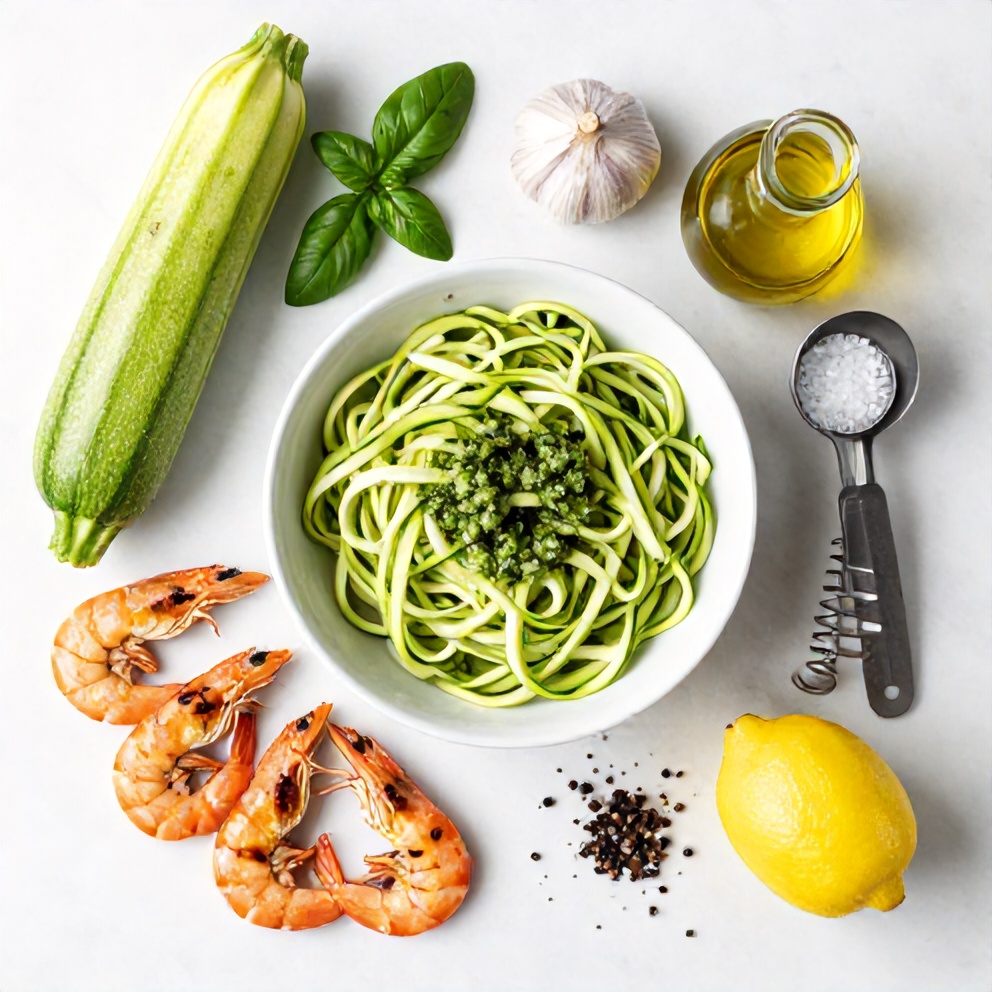 Raw ingredients for zucchini noodles with pesto and grilled shrimp