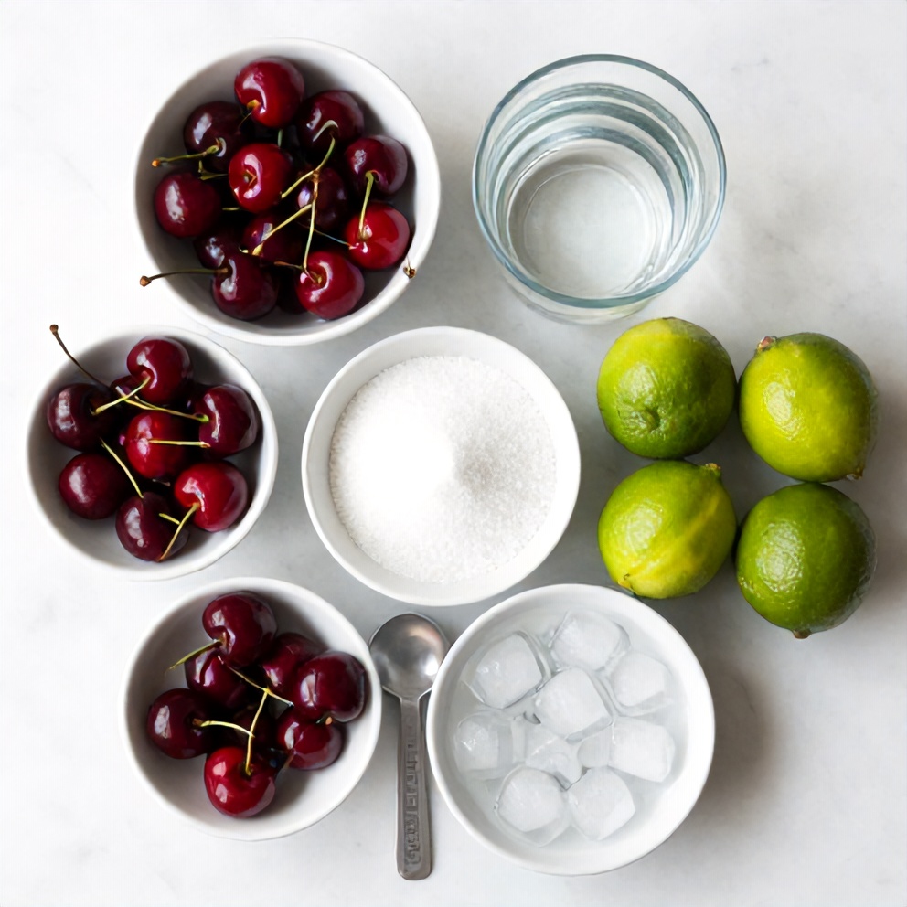 Raw ingredients for Cherry Limeade: cherries, limes, sugar, water, and ice