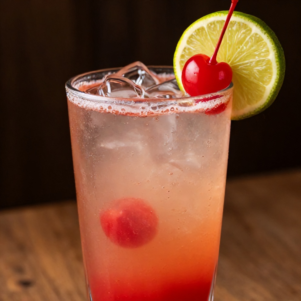 A glass of cherry limeade with a cherry and lime garnish