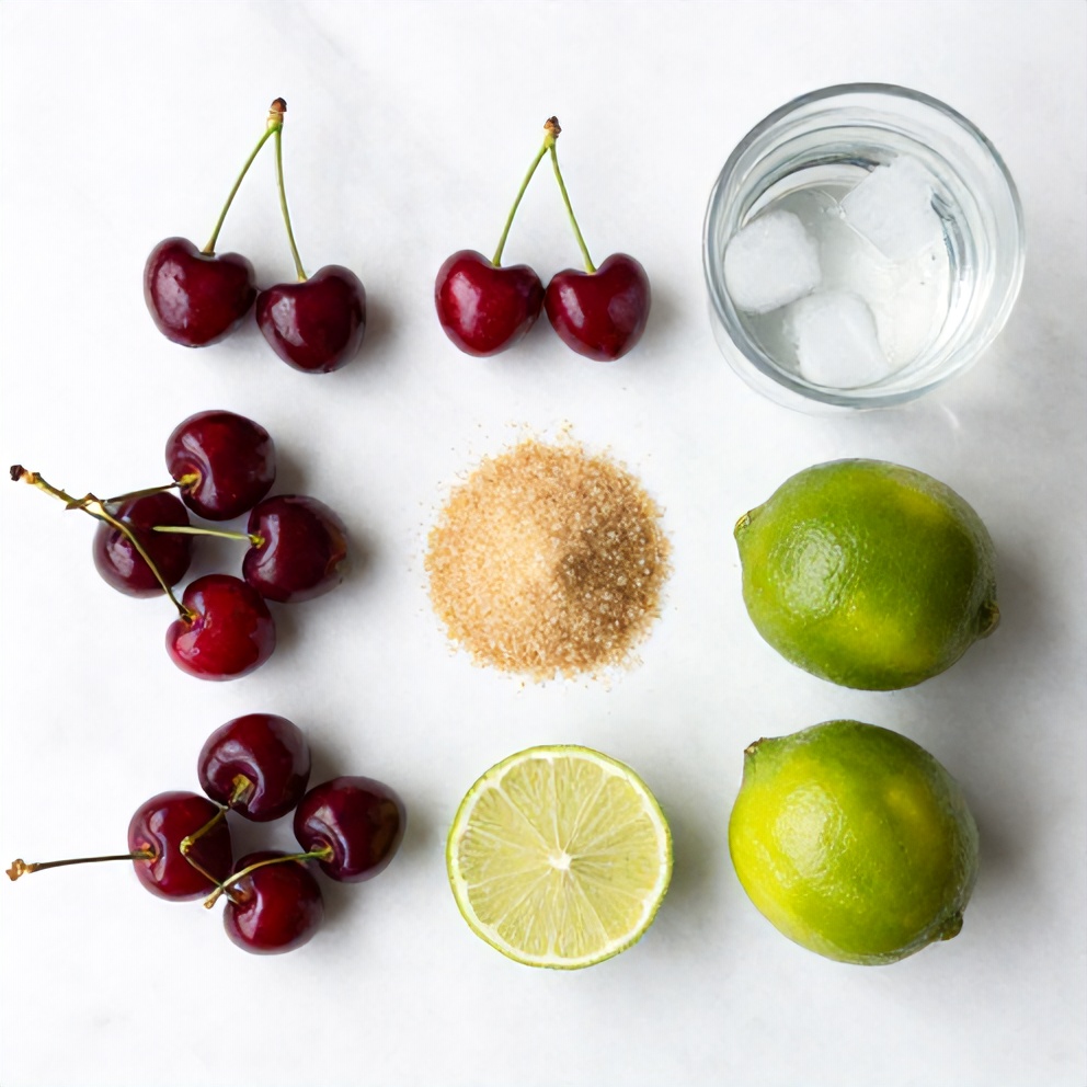 Raw ingredients for cherry limeade: cherries, limes, sugar, water, ice