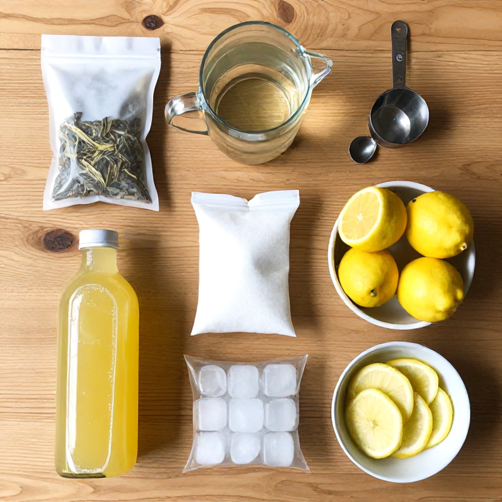 Ingredients for Guava White Tea Lemonade laid out on a wooden surface