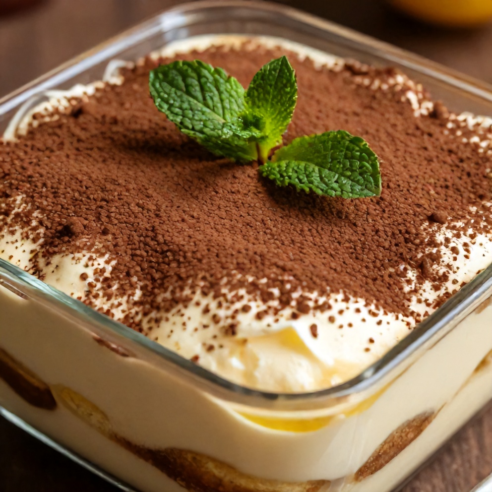 Lemon Tiramisu served in a glass with a mint leaf