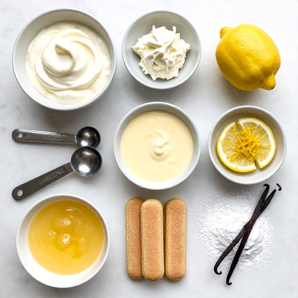 Raw ingredients for Lemon Tiramisu on a marble surface