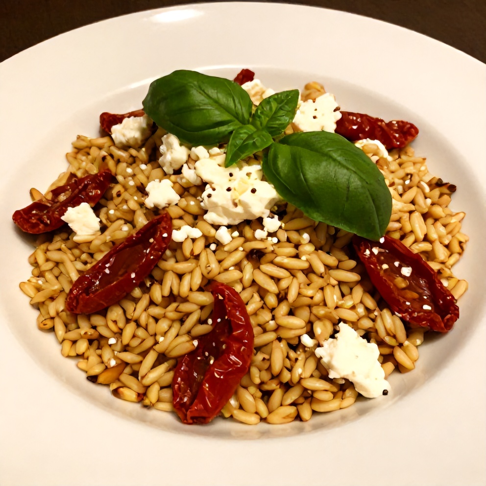 Plated orzo salad with sun-dried tomatoes, feta, and fresh basil