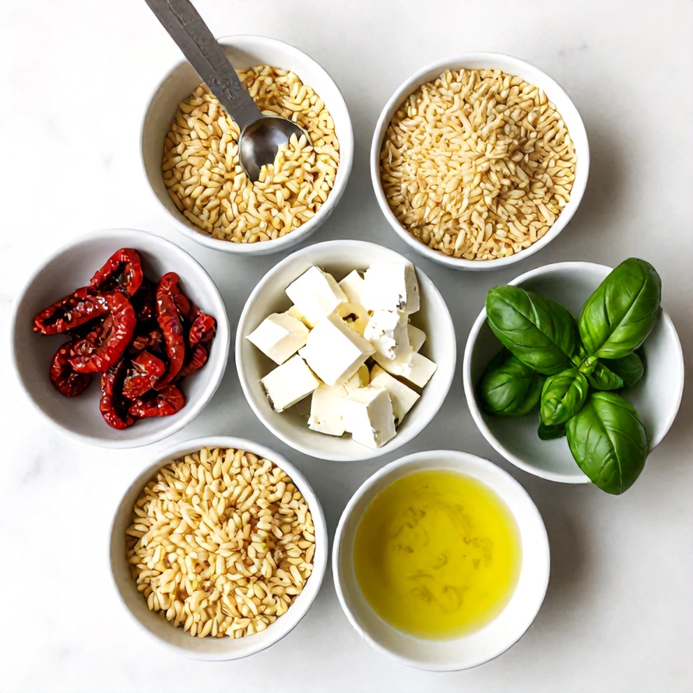 Raw ingredients for orzo salad with sun-dried tomatoes and feta