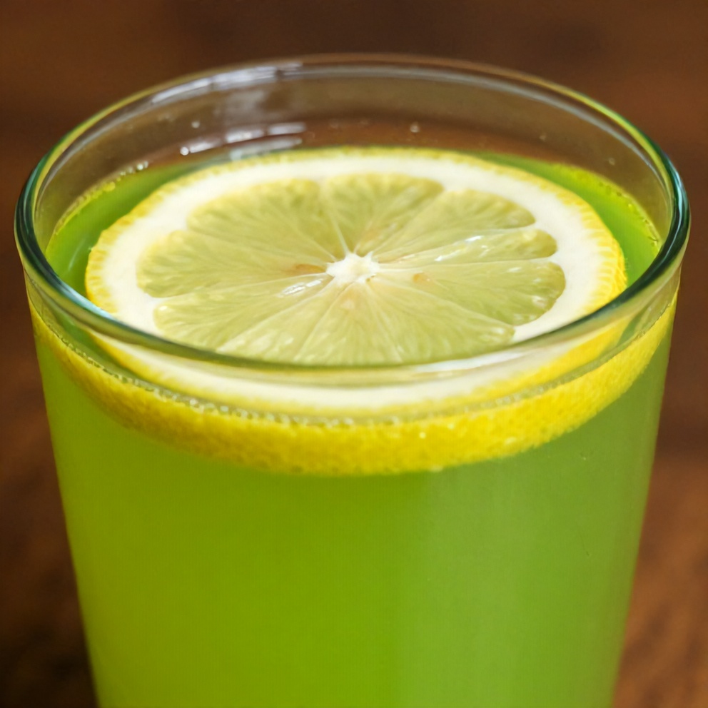 Glass of green celery apple juice with lemon slice
