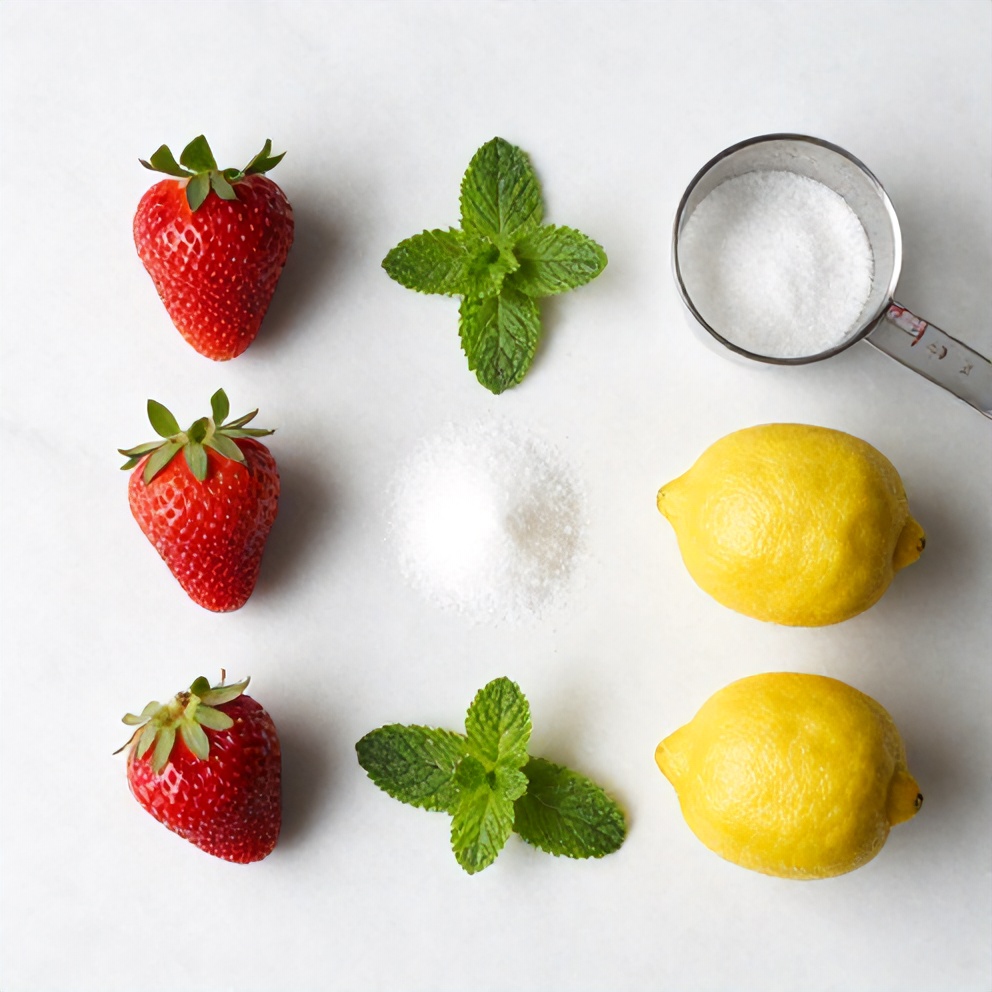 Strawberries, Lemons, Mint, Sugar, Water