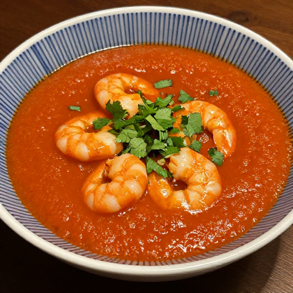 Plated serving of Refreshing Summer Gazpacho with Shrimp