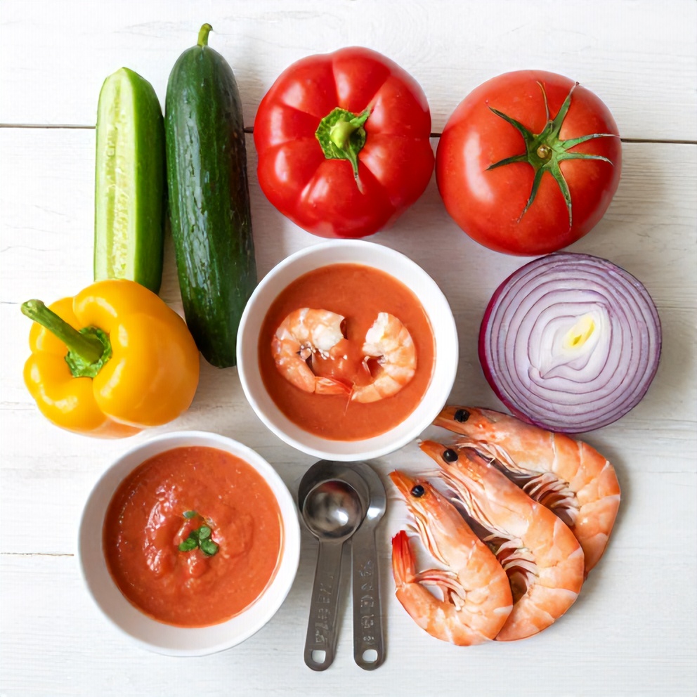 Raw ingredients for Refreshing Summer Gazpacho with Shrimp arranged in a flat lay
